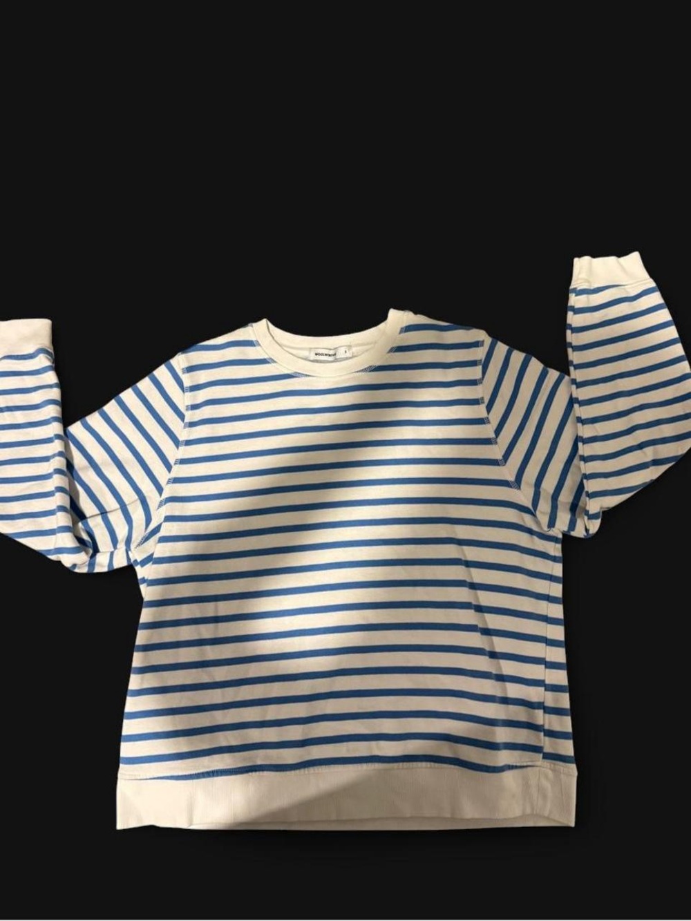 Woolworths white and blue horizontal striped sweatshirt. Size S.
